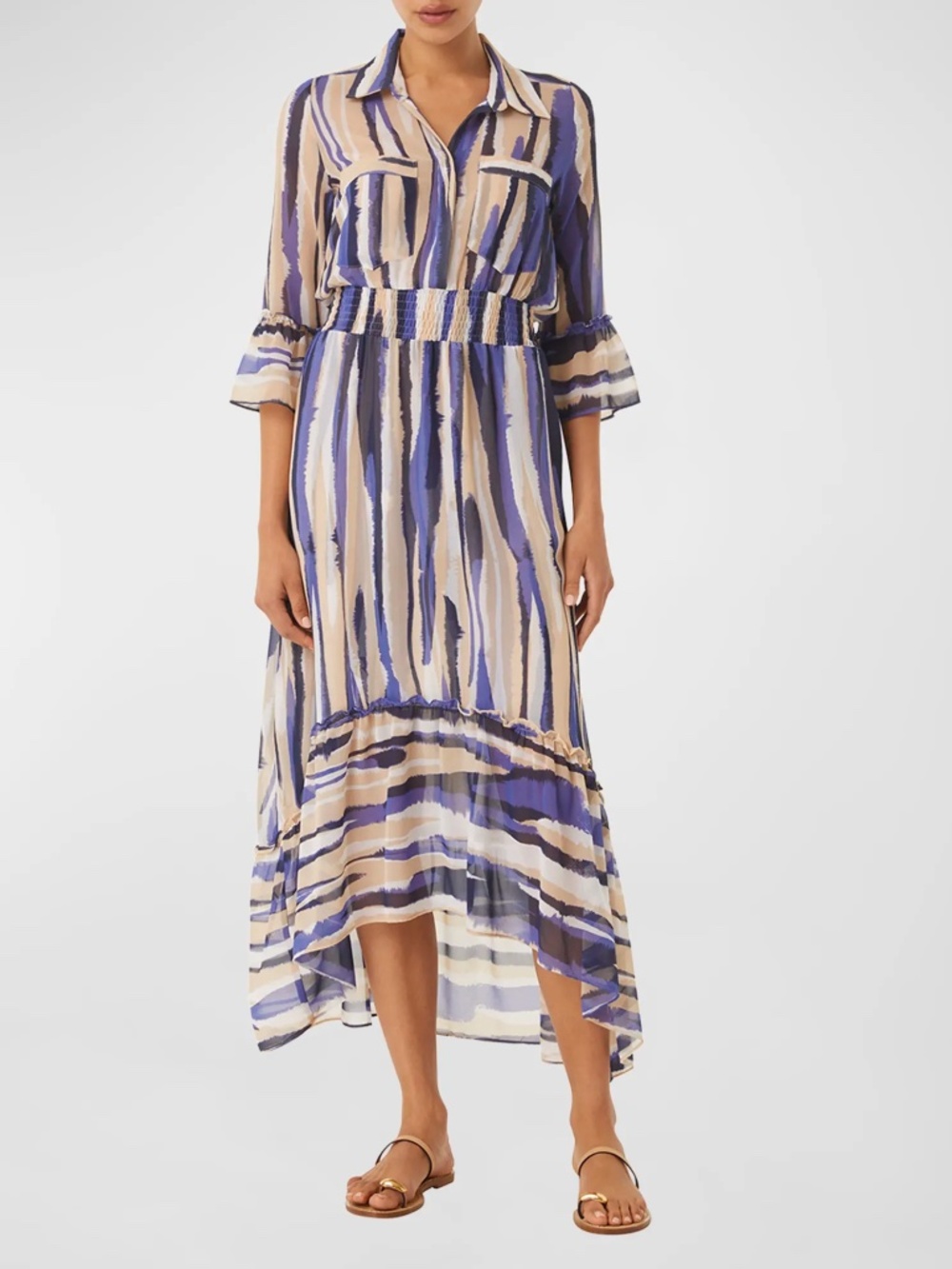 Misa Los Angeles Ofelia Midi Chiffon Shirt Striped Dress XS